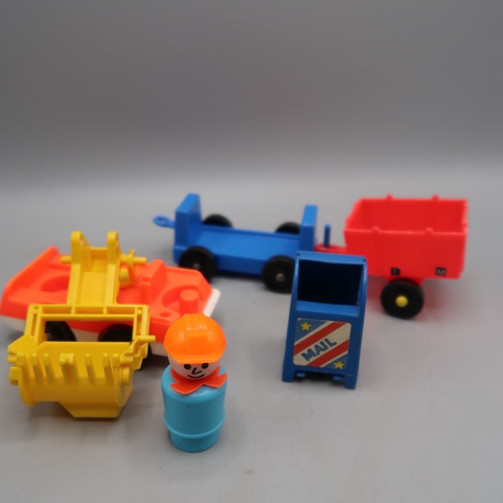 Vintage 1970s Fisher Price Construction Little People Mail box Cargo Car Toy Lot